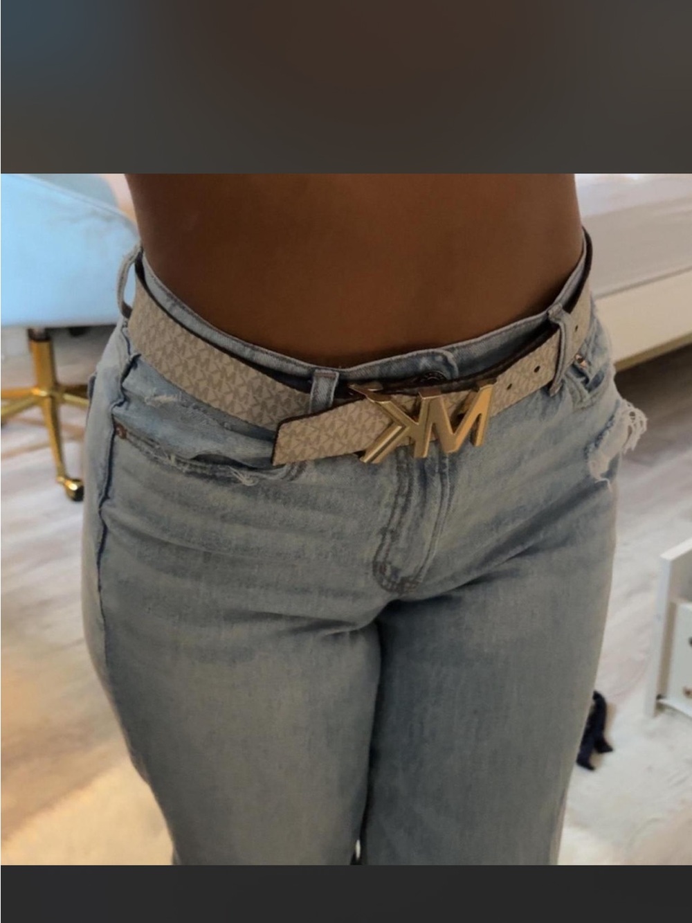 MICHEAL KORS Beige Monogram Leather Belt with Gold 'MK' Buckle